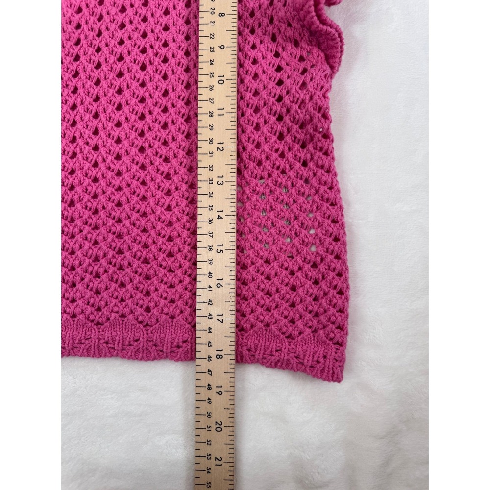 H&M Women's XS Fuchsia Pink Crochet Knit Ruffle Sleeve Top Open Weave Crew Neck - Picture 5 of 5